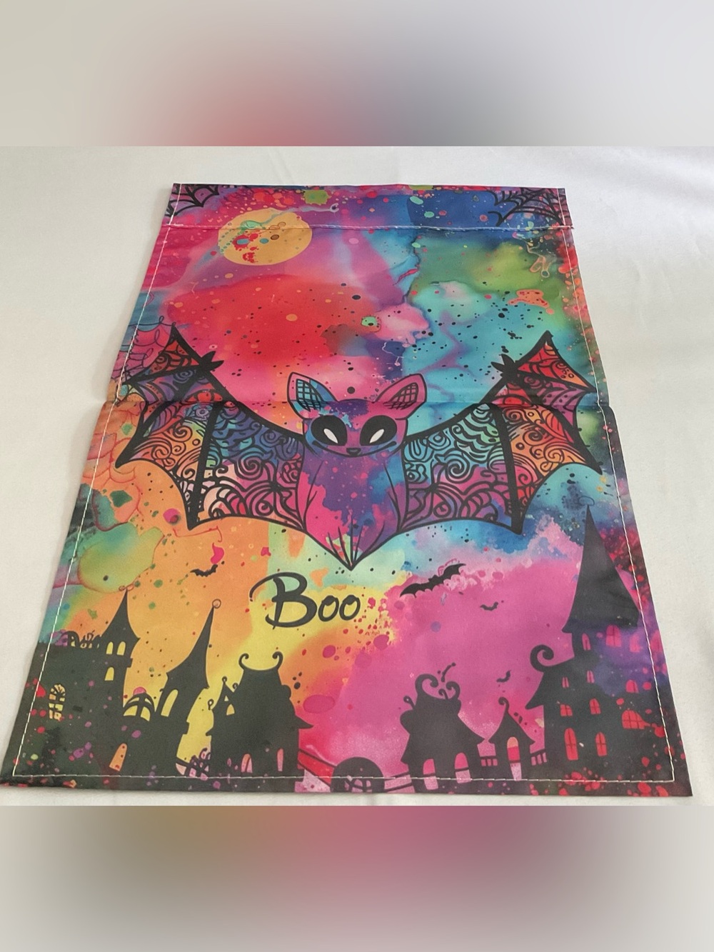Colorful Halloween Bat Garden Flag  - 'Boo' Design